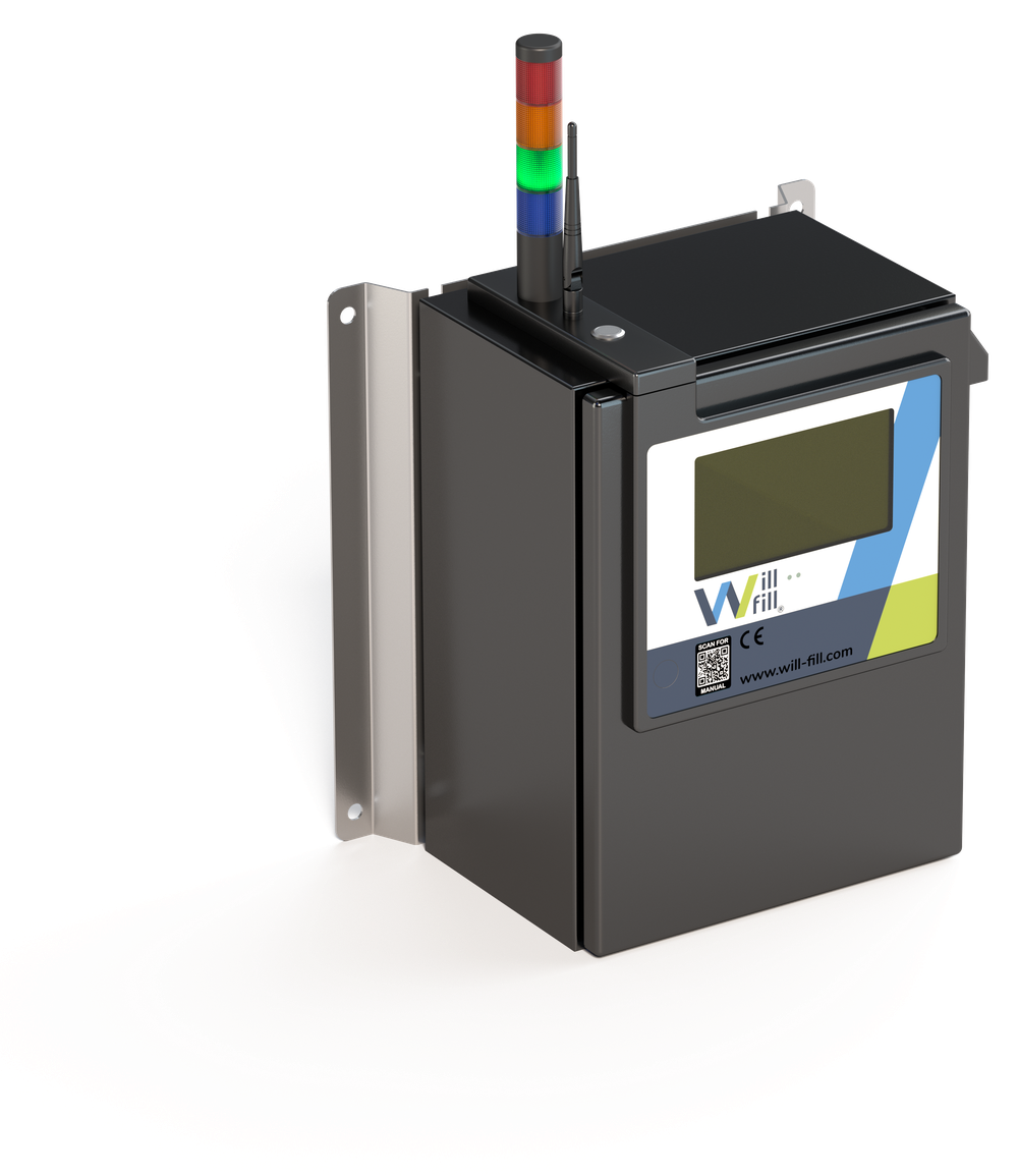 Render der Will-Fill AIO AP Zuführeinheit — ein wandmontiertes Gehäuse mit integrierter Signalleuchte