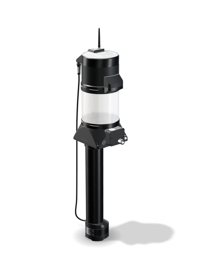 Will-Fill DDx AP Gerätedarstellung — eine schwarze zylindrische Einheit mit Funkantenne, integrierter Sonde und Verlängerungsrohr zur Installation an einem Maschinentank