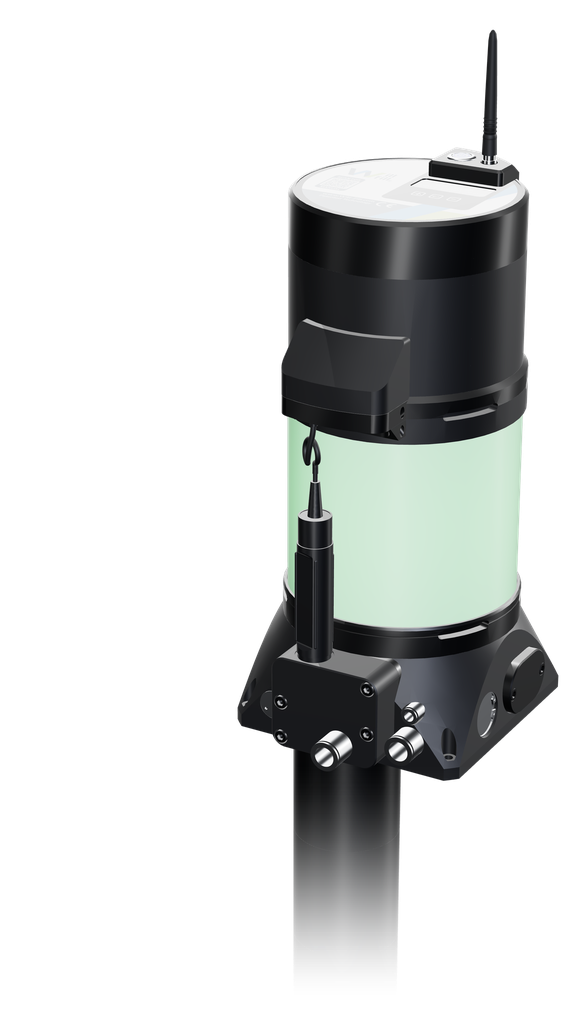 Render of the Will-Fill DDx CP device, a compact machine-mounted unit with a green-tinted viewing window, external probe and wireless antenna